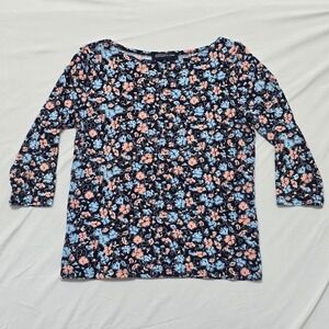 Jones New York Signature Petite PM Floral‎ Top Navy Peach Blue 3/4 Sleeve